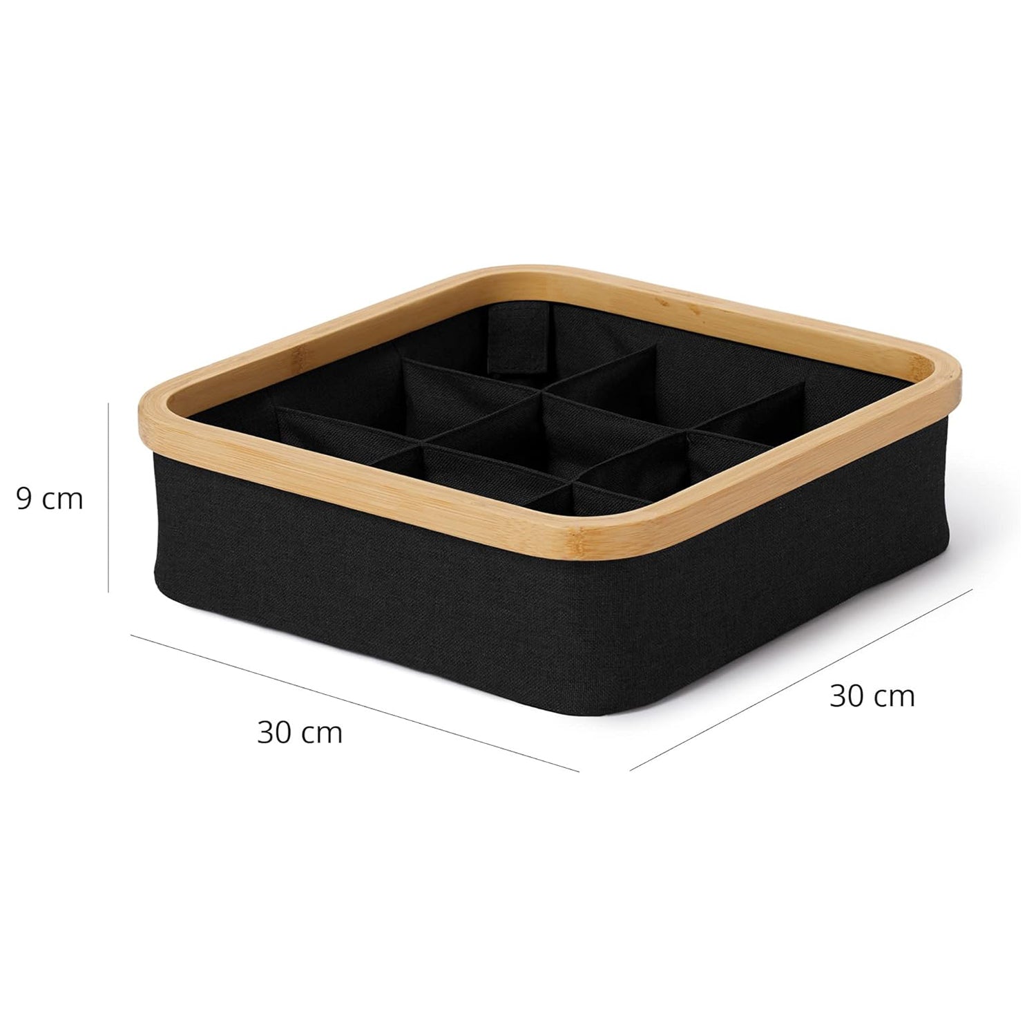 Organizer mit Bambus-Rahmen - 3er-Set - Anthrazit, quadratische Aufbewahrungsbox mit 9 Fächern, faltbar und platzsparend, Maße 30x30x9 cm.