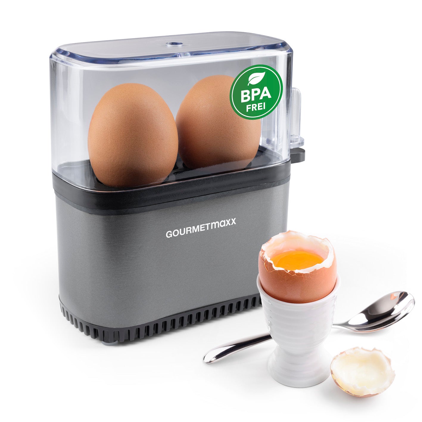 Design-Eierkocher 2 Eier - Anthrazit mit BPA-freiem Gehäuse, kompakt und ideal für perfekt gekochte Eier zu Hause oder unterwegs.