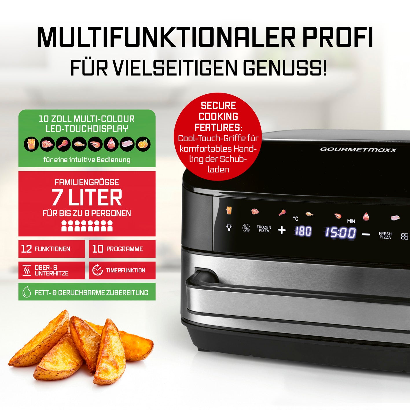 Heißluftfritteuse mit XXL-Garfläche - 7 Liter, 10 Zoll LED-Touchscreen, 12 Funktionen, 7 Liter Fassungsvermögen, fettarme Zubereitung.
