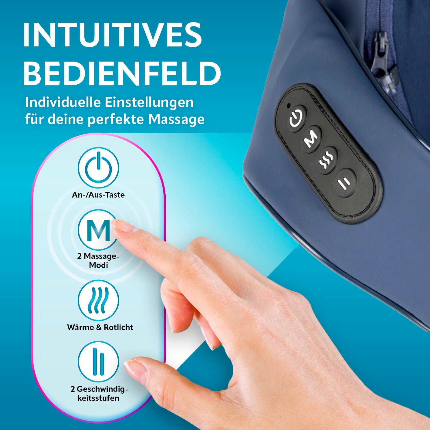 Finger bedient intuitives Bedienfeld des Shiatsu-Massagegeräts mit an/aus, Massagearten, Wärme und Geschwindigkeitsstufen.