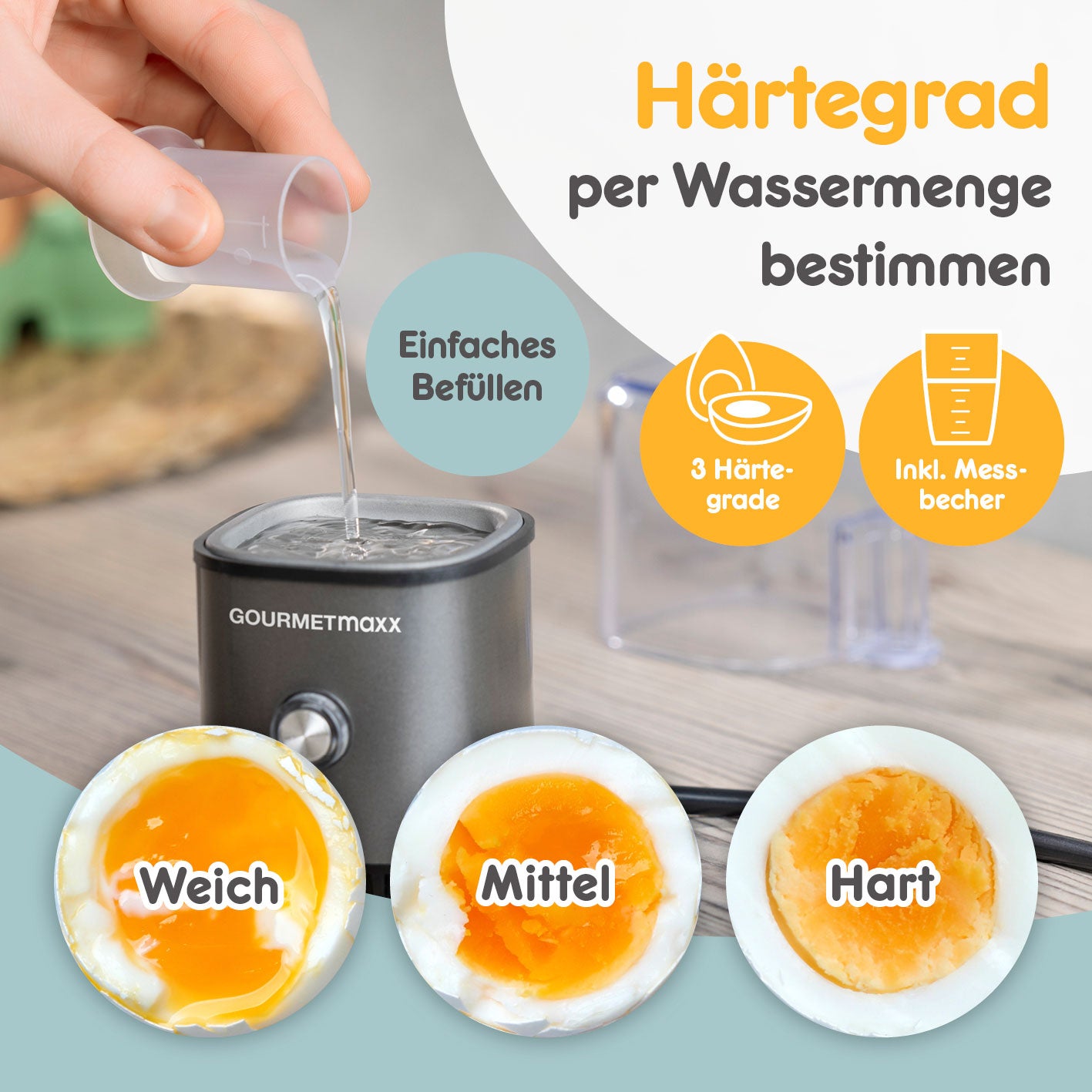 Design-Eierkocher 1 Ei - Anthrazit mit 3 Härtegraden, Messbecher und einfachem Befüllen für perfekte Eier ohne Herd.
