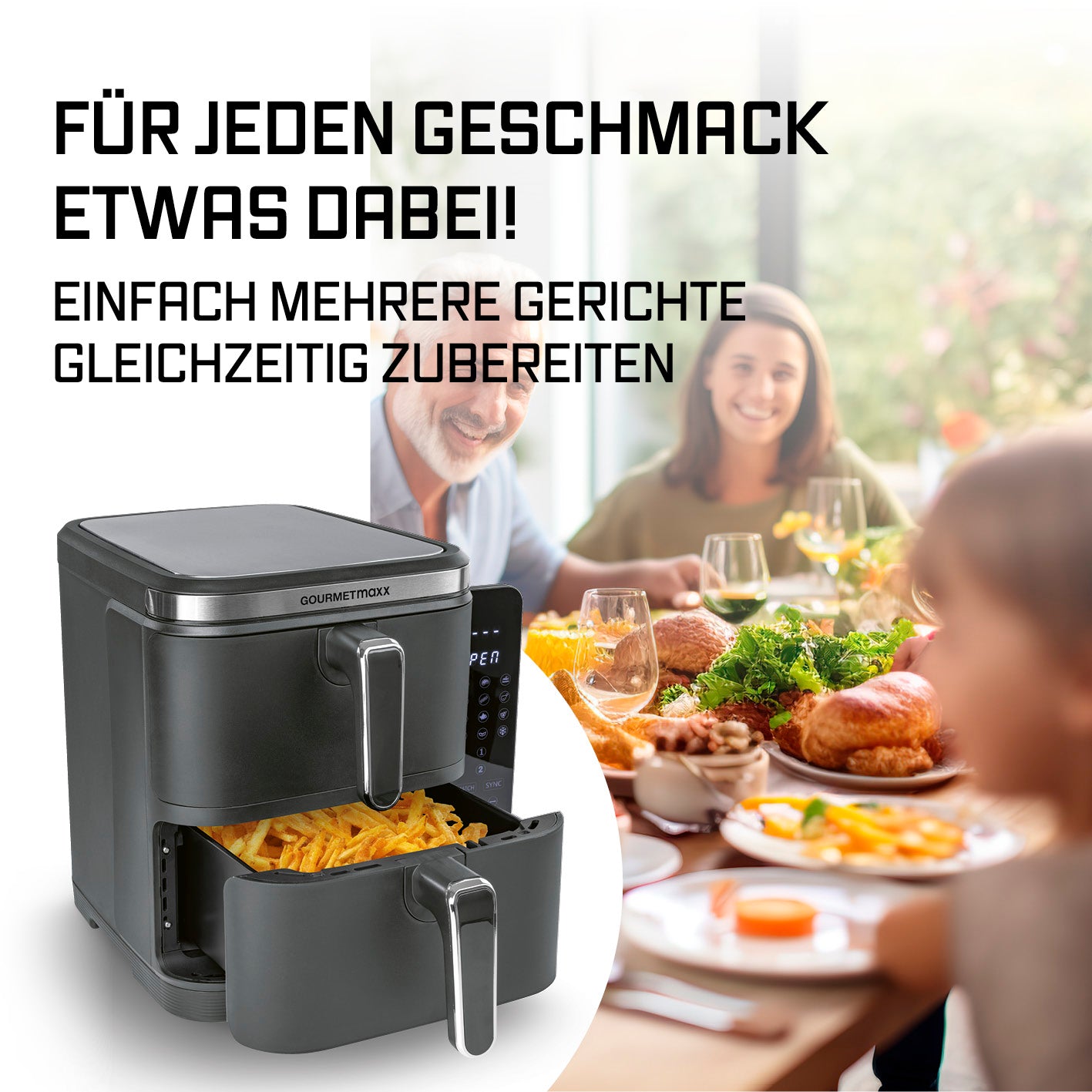 FryUp Vertikale Doppelkammer-Heißluftfritteuse - Grau mit 2 Kammern zum gleichzeitigen Zubereiten mehrerer Gerichte für die ganze Familie.