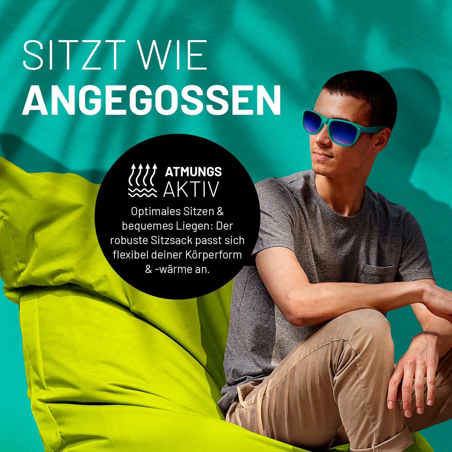 Sitzsack Classic XXL (380 L) Apfelgrün mit atmungsaktivem Material, flexibel anpassbar für drinnen und draußen.