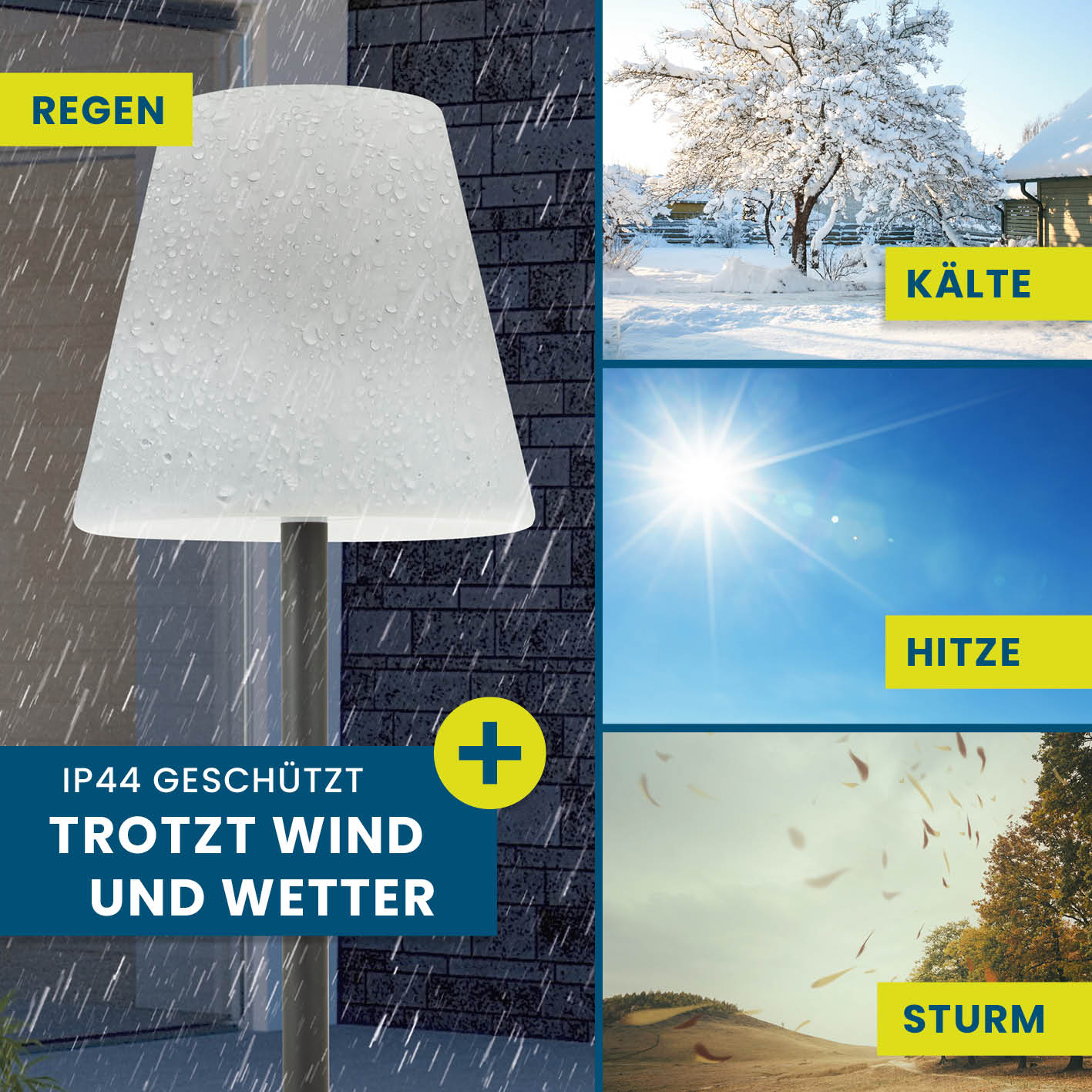 Solar-Stehlampe - 3-fach höhenverstellbar - 3 Helligkeitsstufen, wetterfest IP44, trotzt Regen, Kälte, Hitze und Sturm draußen und drinnen.