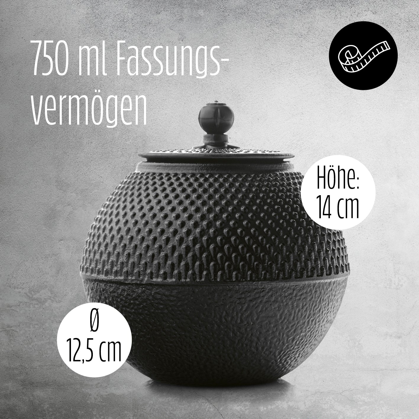 Teedose aus Gusseisen - Aufbewahrungsbox für Tee - 750 ml - Schwarz mit 14 cm Höhe und 12,5 cm Durchmesser für aromatischen Teegenuss.
