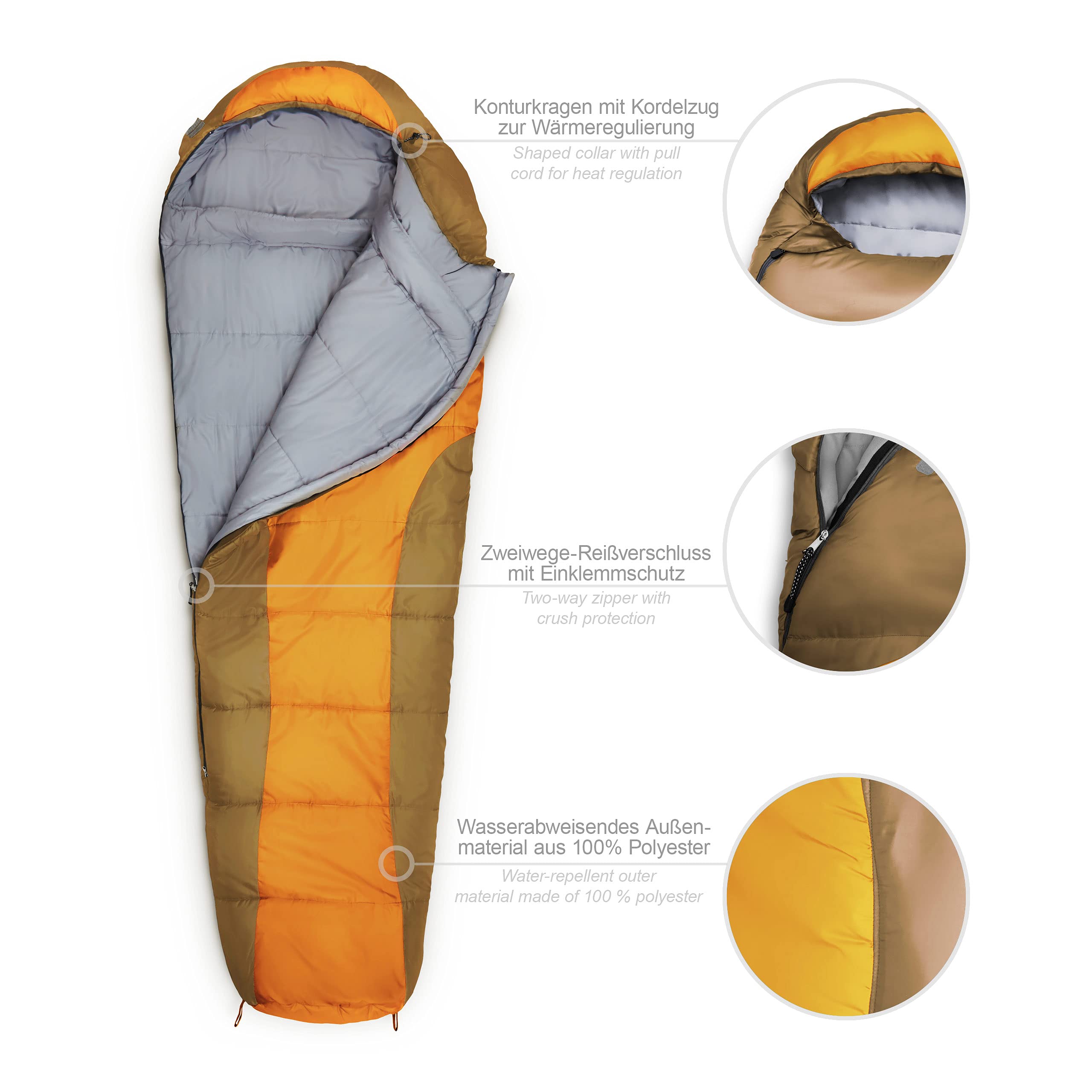Camping Schlafsack Classic - Mumienschlafsack in Orange mit wasserabweisendem Polyester, Kordelzug und Zweiwege-Reißverschluss.