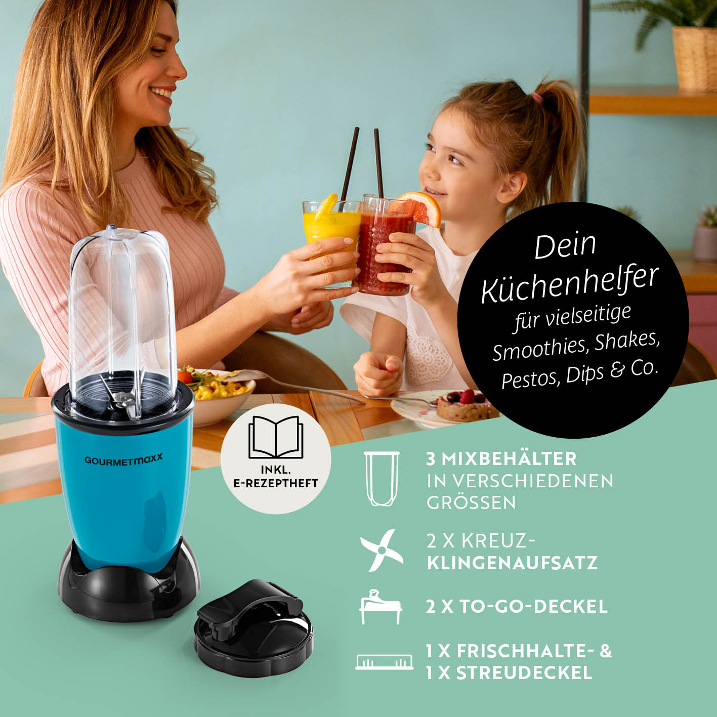 Mr. Magic Power 400 Pro mit Zubehörset L - Grün/Schwarz kompakter Standmixer mit vielfältigem Zubehör für Smoothies und mehr.