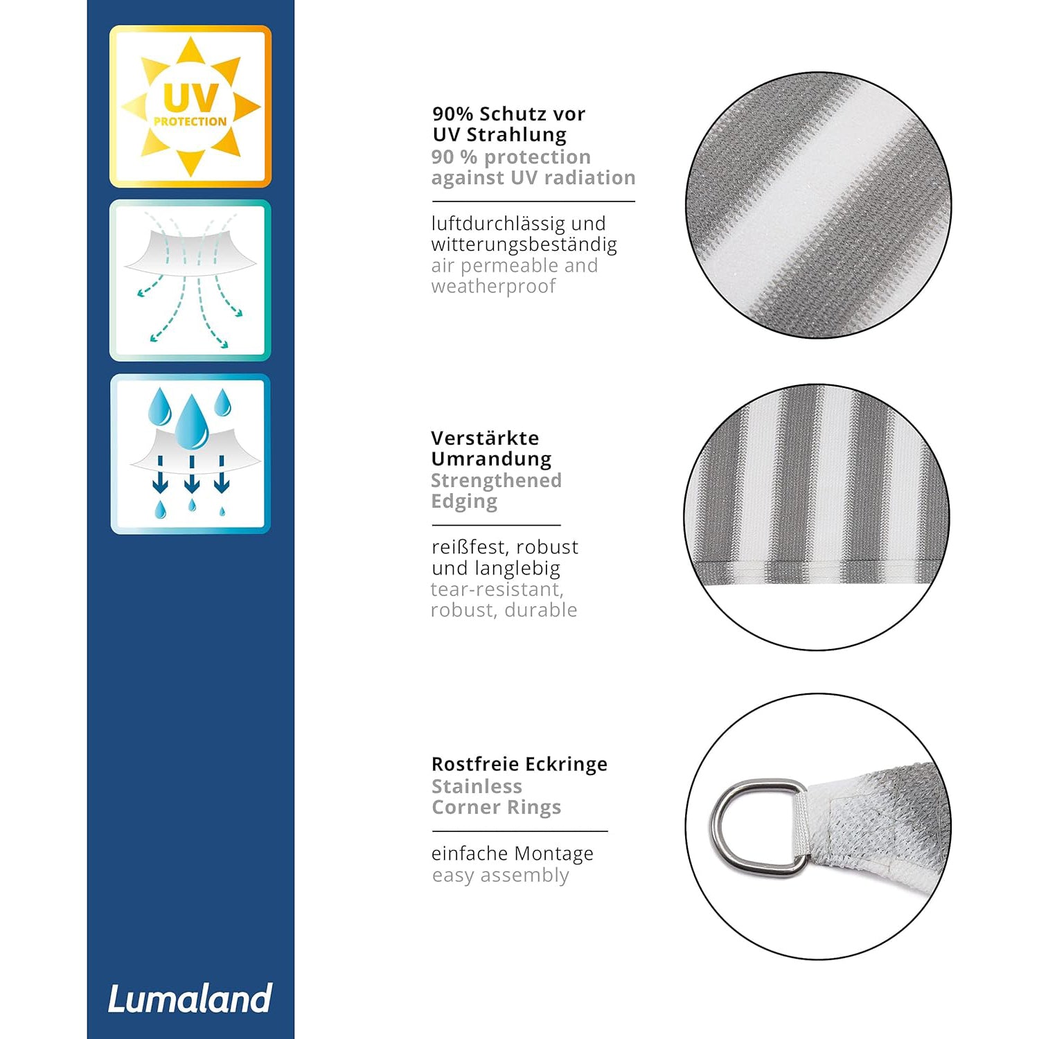 Sonnensegel 100% HDPE mit Stabilisator für UV-Schutz - Rechteck 2 x 4 Meter - Grau/Weiß, robust, UV-beständig, mit rostfreien Eckenringen.