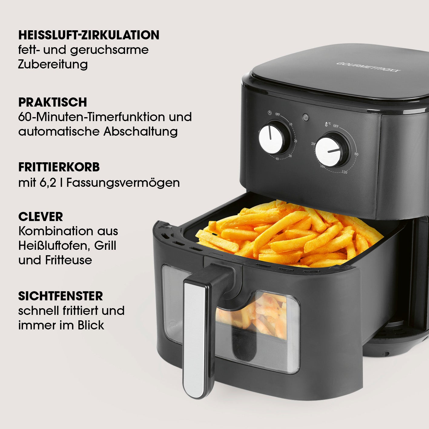 Heißluft-Fritteuse mit Sichtfenster, 6,2 l Fassungsvermögen, fettarme Zubereitung, 60-Minuten-Timer, schwarz, vielseitig für Pommes und Snacks.