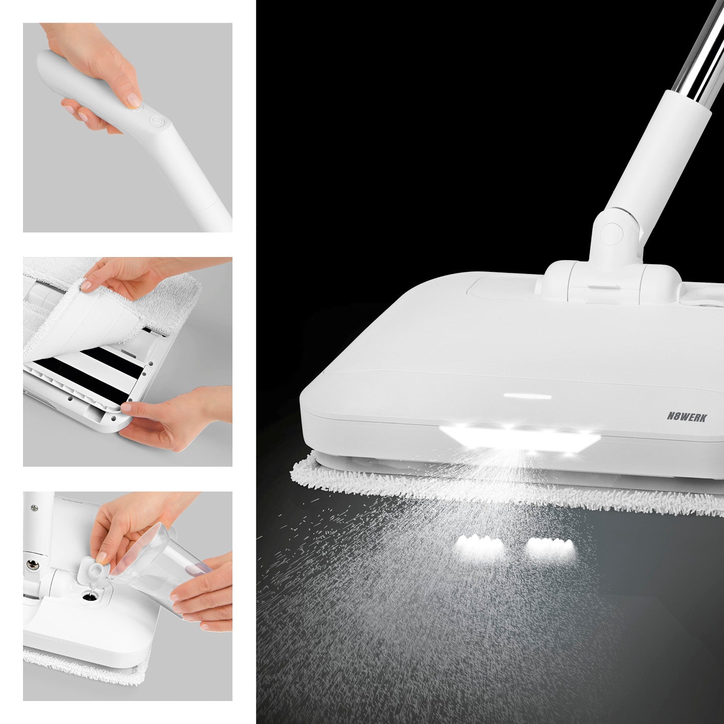 Akku-Vibrationsmopp Moonlight White Edition mit Sprühfunktion, LED-Beleuchtung, handlich und akkubetrieben für alle Böden.