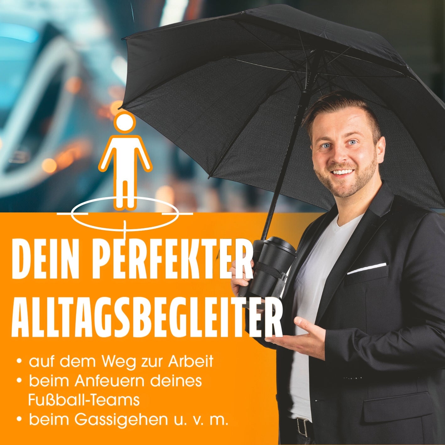 Mann hält Regenschirm mit Getränkehalter, wetterfest, sturmfest, automatisches Öffnen, idealer Schutz für jeden Alltag.
