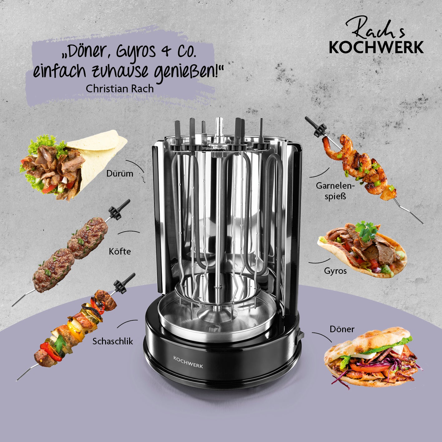Dönergrill - Schwarz mit 6 Spießen für Döner, Gyros, Schaschlik und Garnelen, 360° Rotation, großer Mittelspieß und Fettauffangschale.