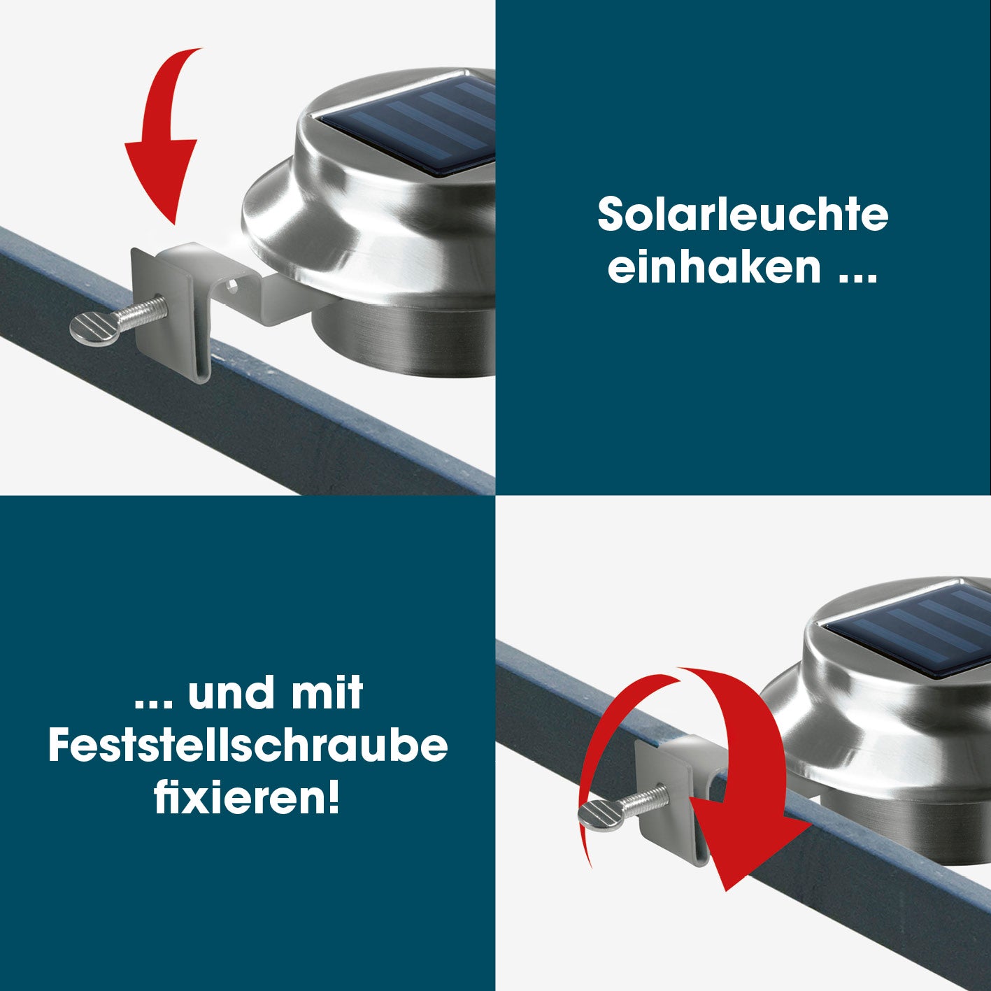 Solar Dachrinnenleuchten in Edelstahl, 3er-Set, einfaches Einhaken und Fixieren mit Feststellschraube für Dachrinne und Gartenzaun.