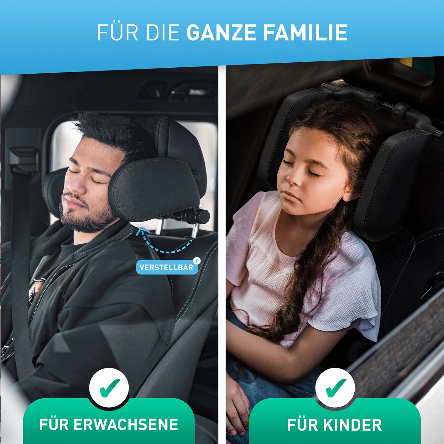 Auto-Kopfstütze - schwarzes Leder mit schwarzen Nähten, verstellbar für Kinder und Erwachsene, komfortabel und einfach montierbar.