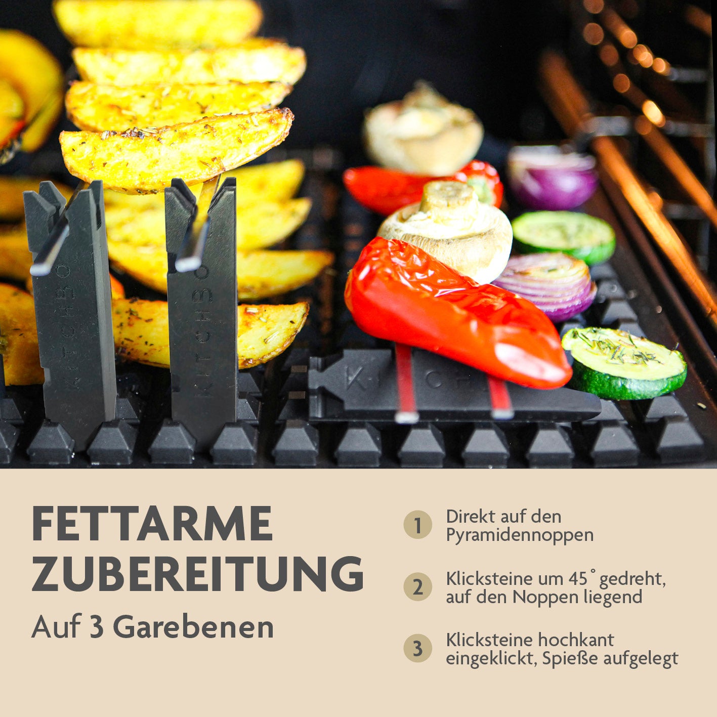 Starter Set - Silikon-Backmatte mit 2 Spießen, 4 Steinen und Schwamm für fettarme Zubereitung auf drei Garebenen im Ofen.
