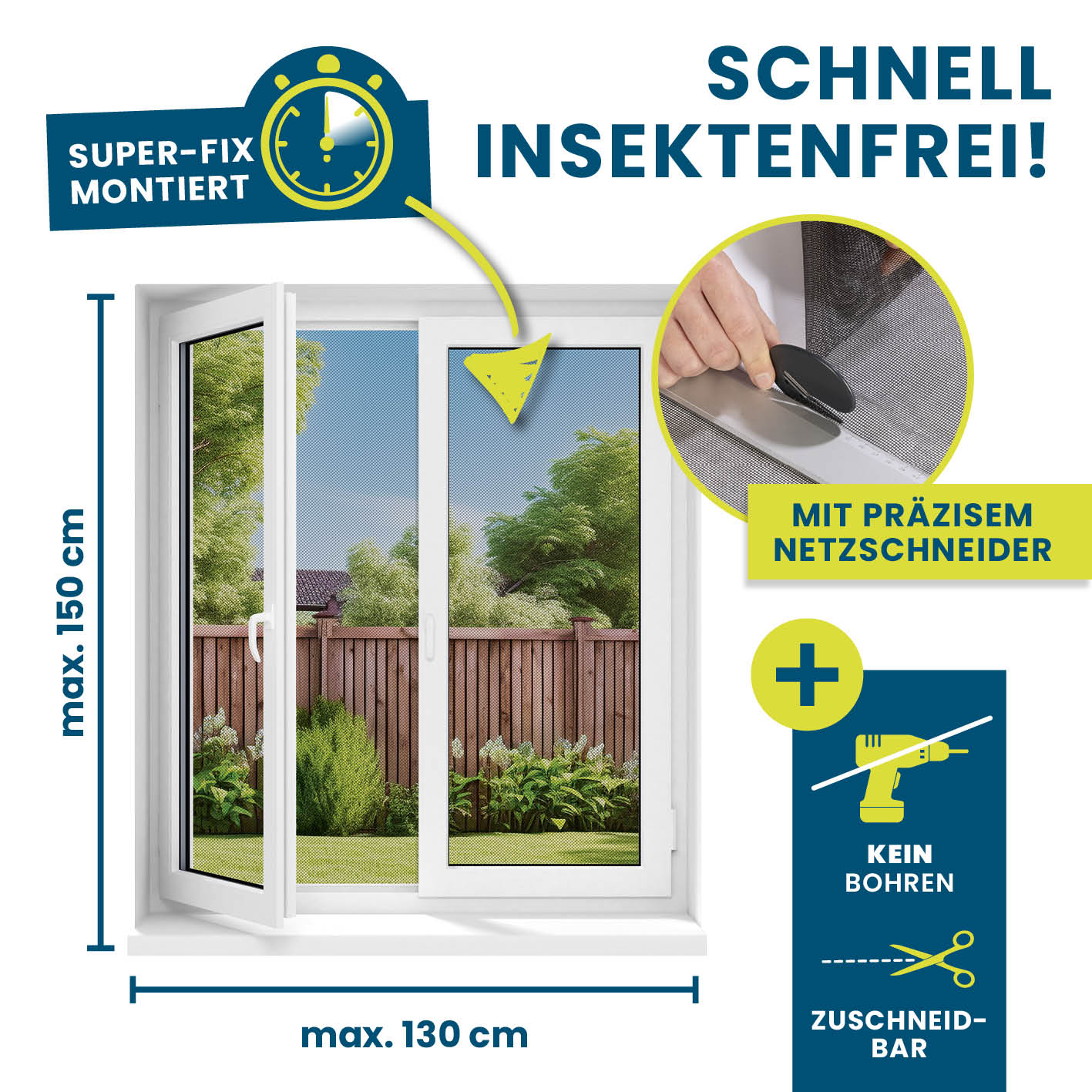 Insektenschutzgitter mit Magnetbefestigung 4er-Set für Fenster bis 150x130 cm, inklusive präzisem Netzschneider, kein Bohren nötig.
