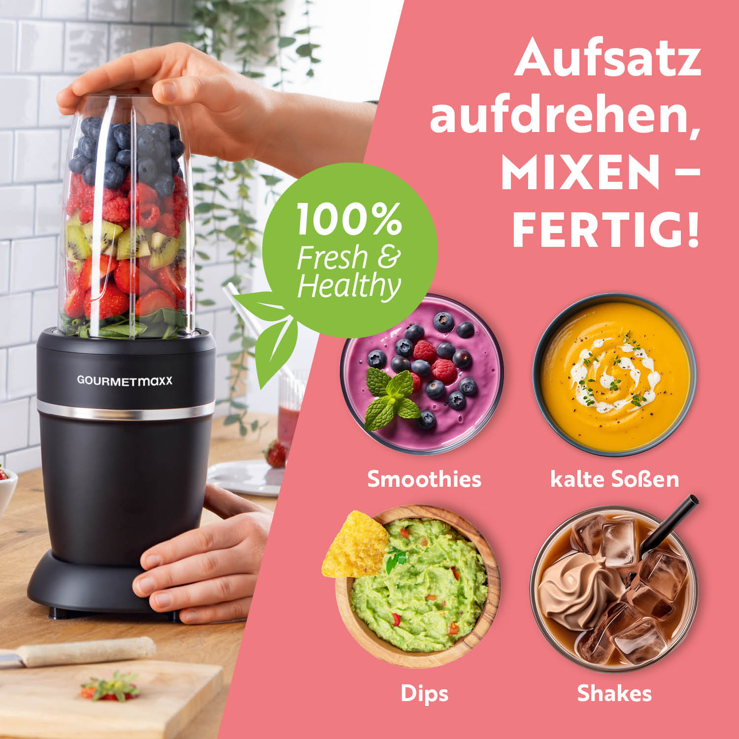 Nutrition Mixer mit 1000-Watt Motor, 750 ml Becher für Smoothies, Shakes, Dips und kalte Soßen, schnell und einfach zu bedienen.