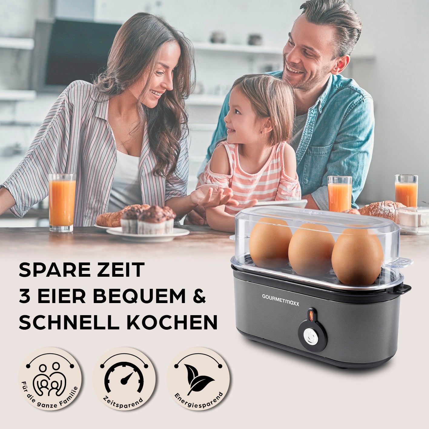 Design-Eierkocher 3 Eier - Anthrazit zum schnellen, platzsparenden Eierkochen für die ganze Familie ohne Herd oder Kochtopf.