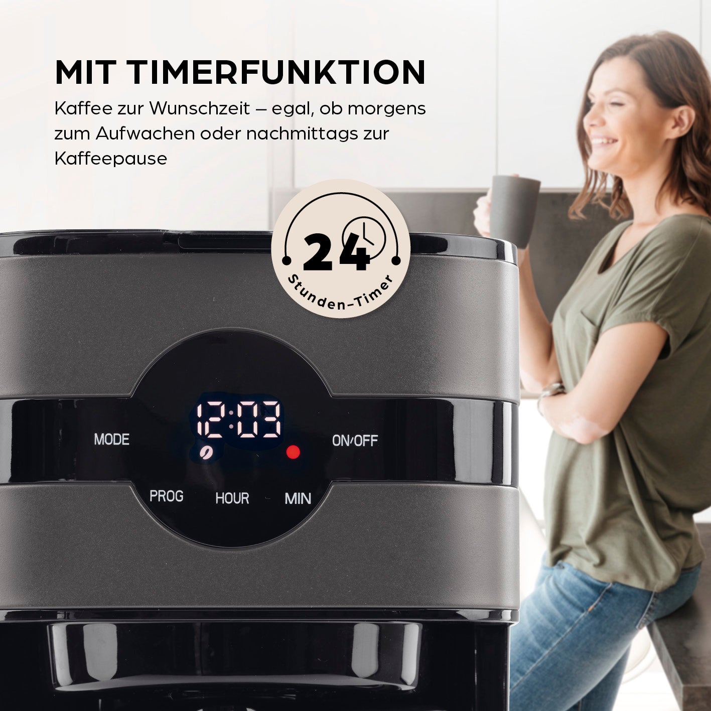 Filterkaffeemaschine Touch Iso - Grau mit Timerfunktion und LED-Touchdisplay für frischen Kaffee zur Wunschzeit.