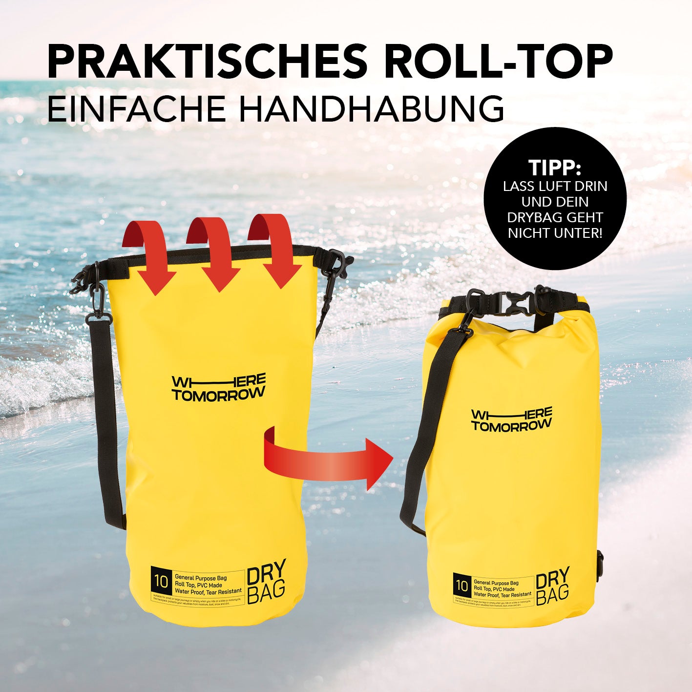 Dry Bag 10L - Style 01 - Gelb mit praktischem Rolltop-Verschluss, wasserdicht und robust für Outdoor-Abenteuer.