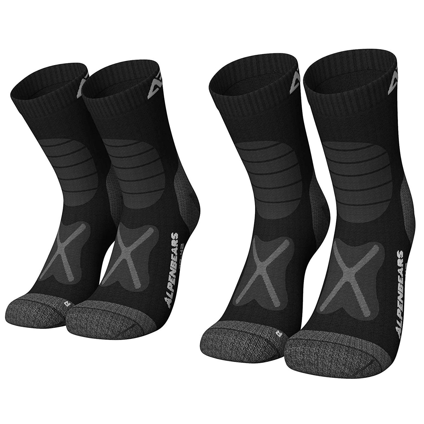 Wandersocken Merinowolle - 2er-Set - Schwarz - Größe 43-48 mit Polsterung, feuchtigkeitsregulierend und anti-Blasen für angenehmen Tragekomfort.