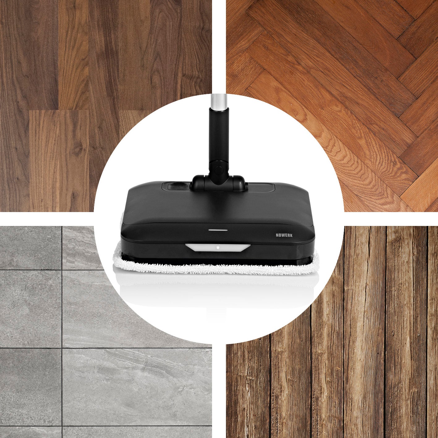 Akku-Vibrationsmopp Midnight Black Edition mit Sprühfunktion, LED-Beleuchtung und für alle Böden wie Laminat, Holz und Fliesen geeignet.