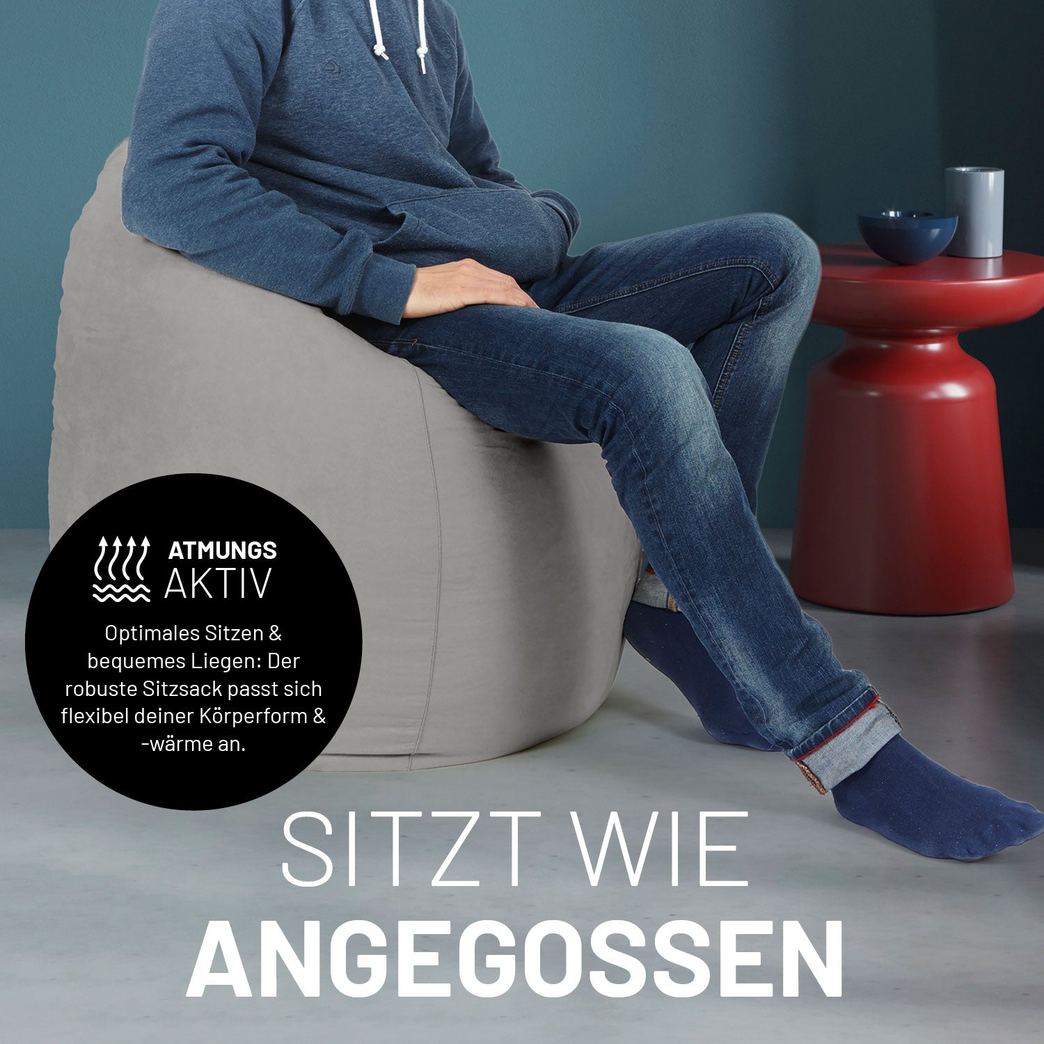 Luxury XL PLUS Sitzsack (220 L) in Grau, ergonomisch, atmungsaktiv, robuste Füllung passt sich Körperform angenehm an.