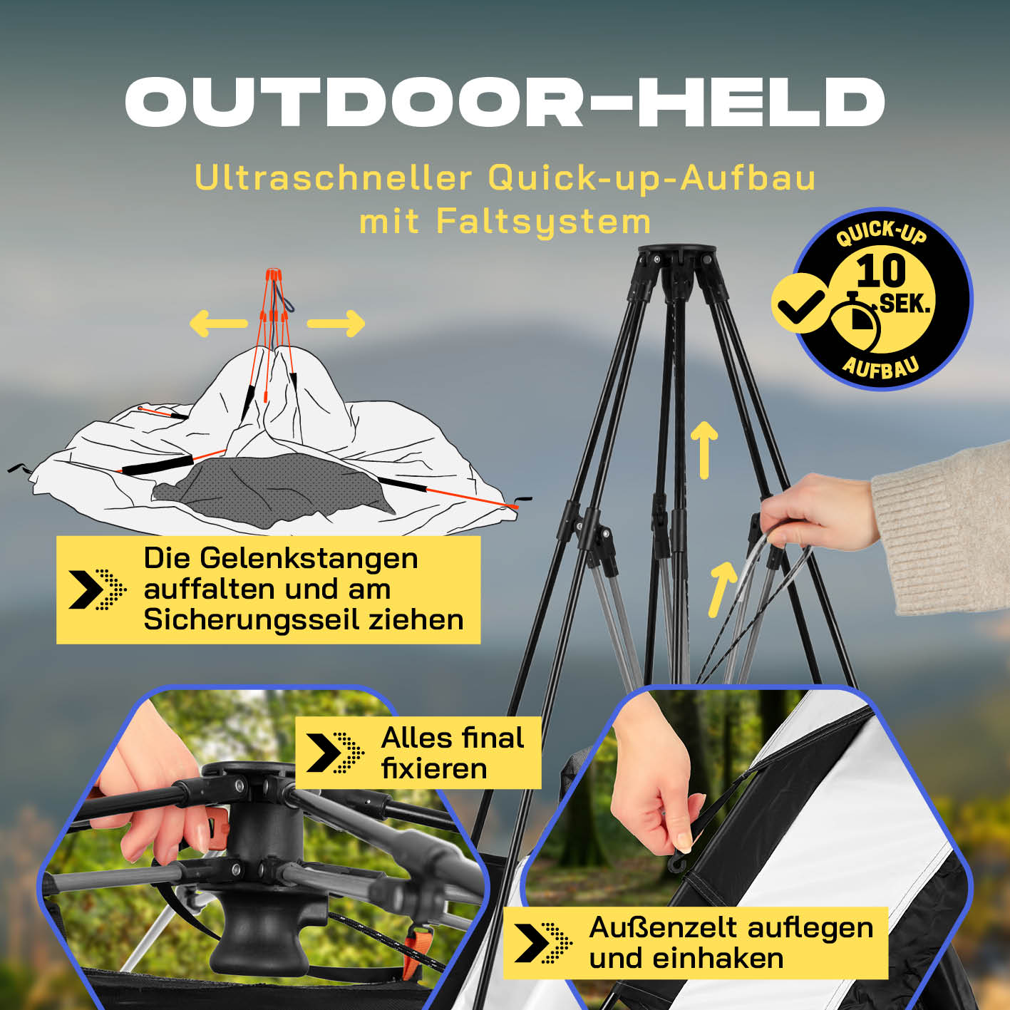 Pop-up-Wurfzelt für 4 Personen mit Kühleffekt - weiß/schwarz, ultraschneller Aufbau in 10 Sekunden dank Faltsystem.