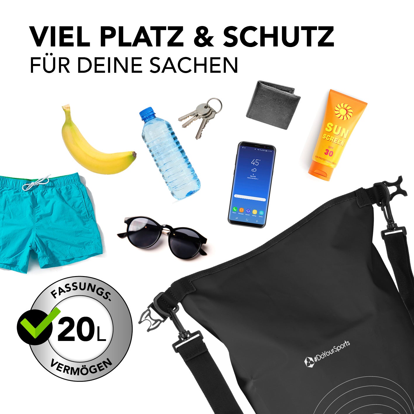 Dry Bag 20L - Schwarz, wasserdichter und robuster Outdoor-Rucksack mit verstellbarem Schultergurt und Rolltop-Verschluss.