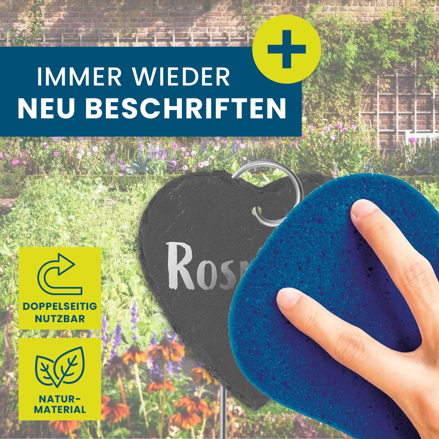 Schiefer-Pflanzschilder Herz-Form 10er Set, wetterfest, doppelseitig beschriftbar, aus natürlichem Material, wiederverwendbar mit Schwamm reinigen.