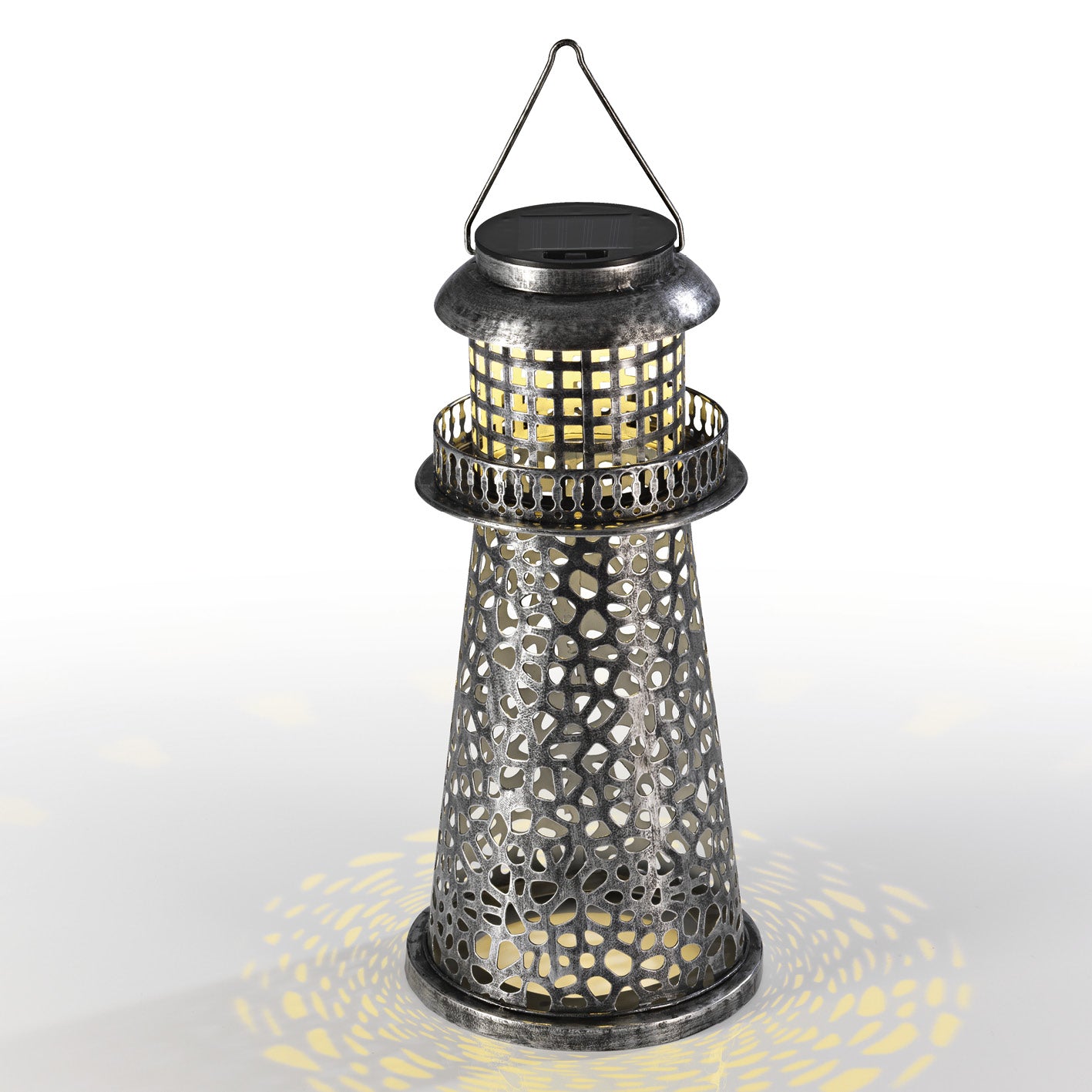 Solar-Leuchte Leuchtturm - silber, dekorative Solarlampe aus perforiertem Metall für Garten, Terrasse oder Balkon, kabellos und stromsparend.