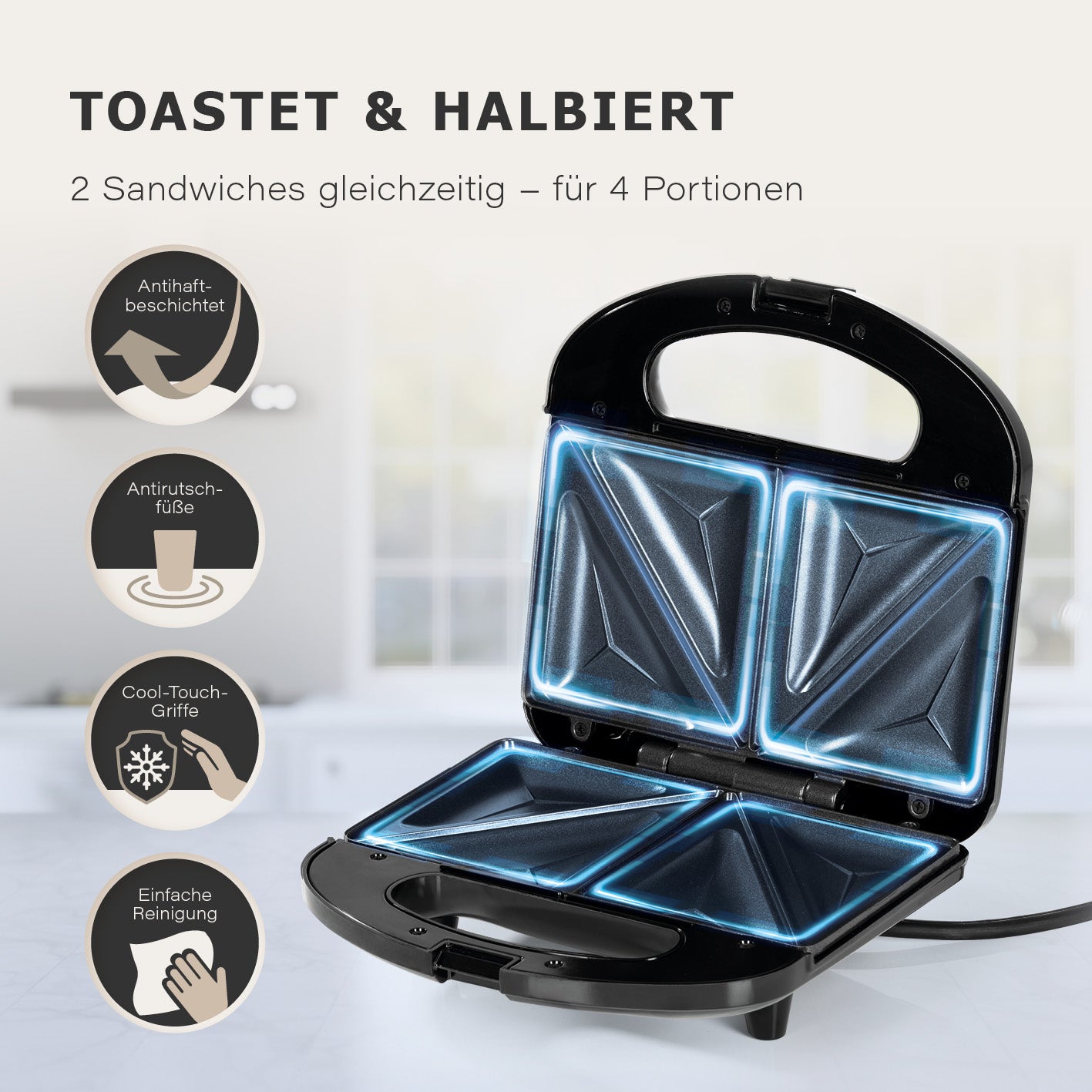 Sandwich Maker mit LED-Kontrollleuchte mit Antihaftbeschichtung, Cool-Touch-Griffen und Platz für 2 Sandwiches gleichzeitig.