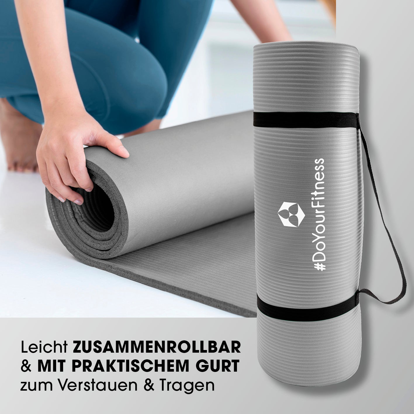 Fitness- und Gymnastikmatte - 183 x 61 x 1 cm - Grau, rutschfest, robust, leicht zusammenrollbar mit praktischem Tragegurt von DoYourFitness.