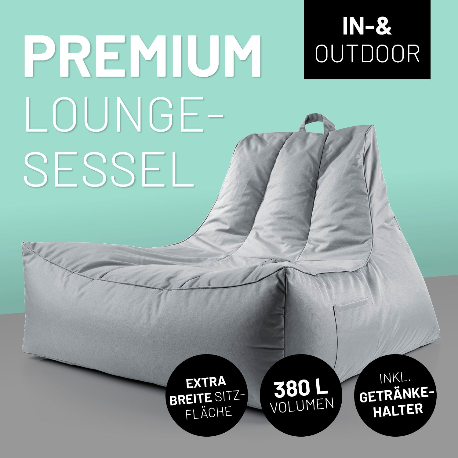 Premium Lounge-Sessel - 380 L - 100 x 100 x 80 cm - Grau, wetterfest, mit großer Sitzfläche und integriertem Getränkehalter für Innen und Außen.