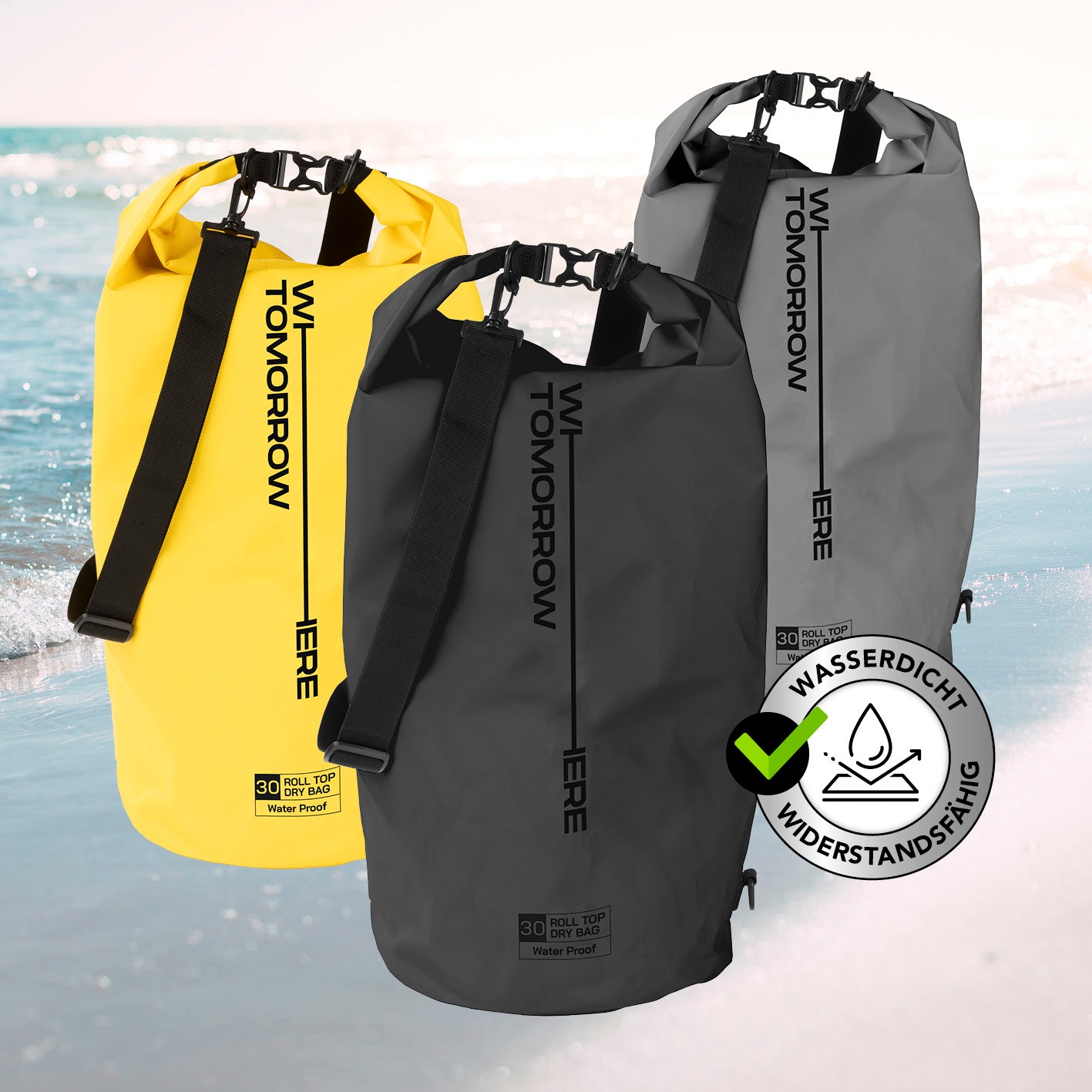 Dry Bag 30L - Style 02 - Schwarz wasserdichter, robuster Outdoor-Rucksack mit Rolltop-Verschluss und verstellbarem Schultergurt.