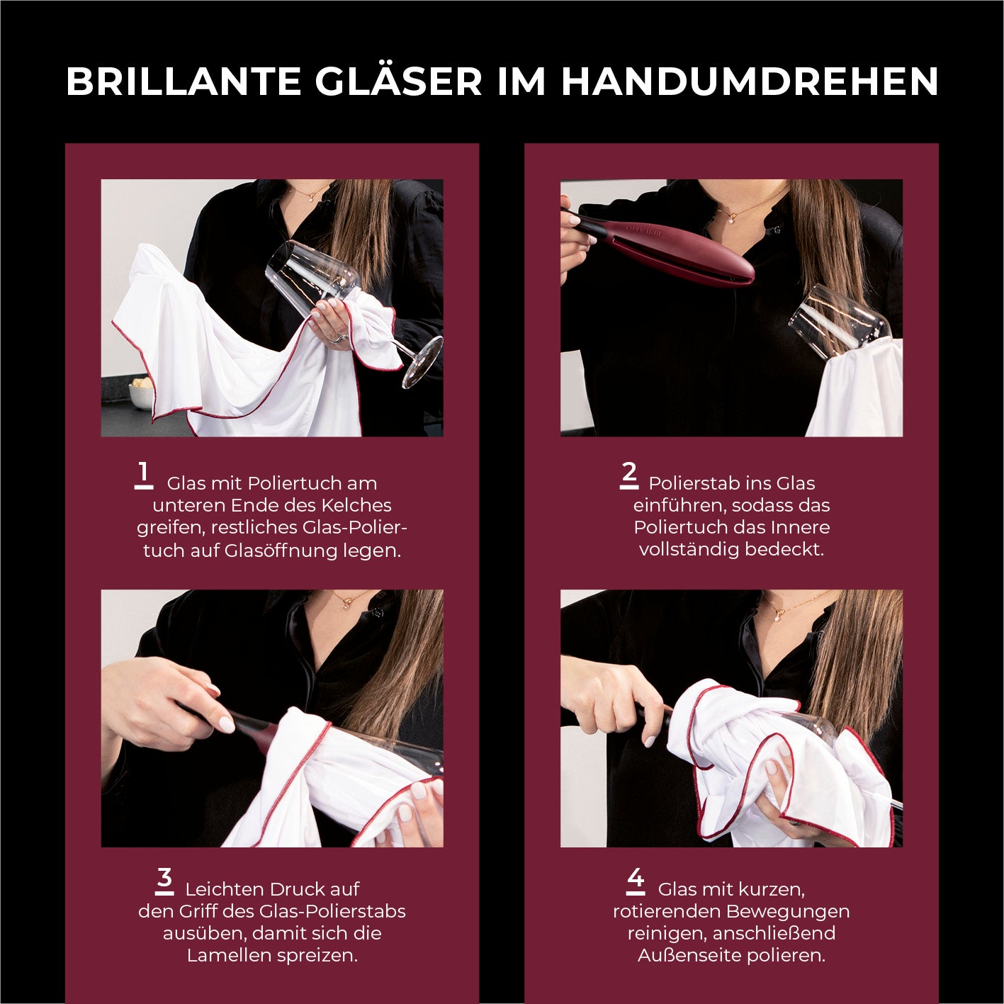 Weinglaspolierer inkl. 3 Poliertücher für schlierenfreies, flexibles Polieren von Weingläsern und Biertulpen ohne Fingerabdrücke.