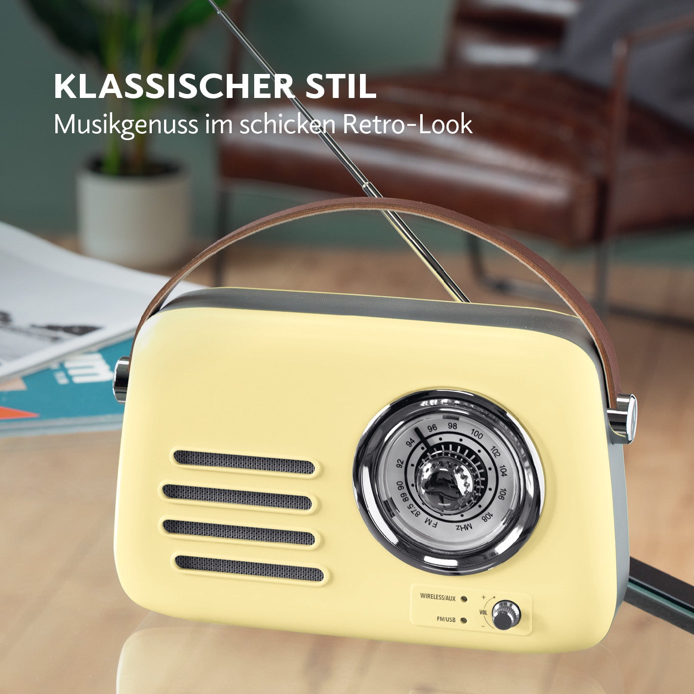 Radio Retro - Stil der 50er-Jahr - Vanille FM-Radio mit analogem Zifferblatt und Tragegriff im klassischen Retro-Design