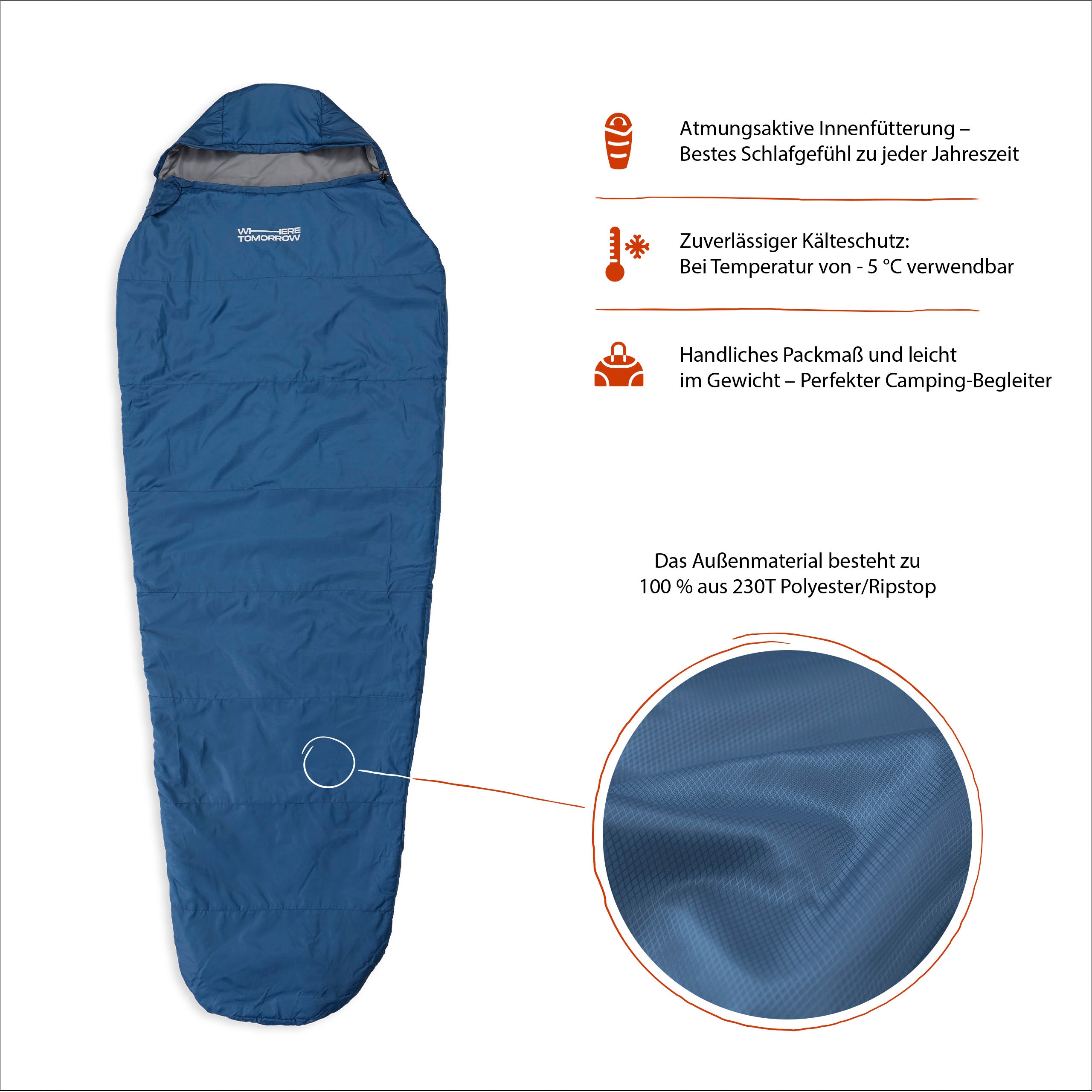 Camping Schlafsack Small & Light – Mumienschlafsack Royalblau, wasserabweisend, atmungsaktiv, Kälteschutz bis -5°C, mit Packmaß und Kissenfach.