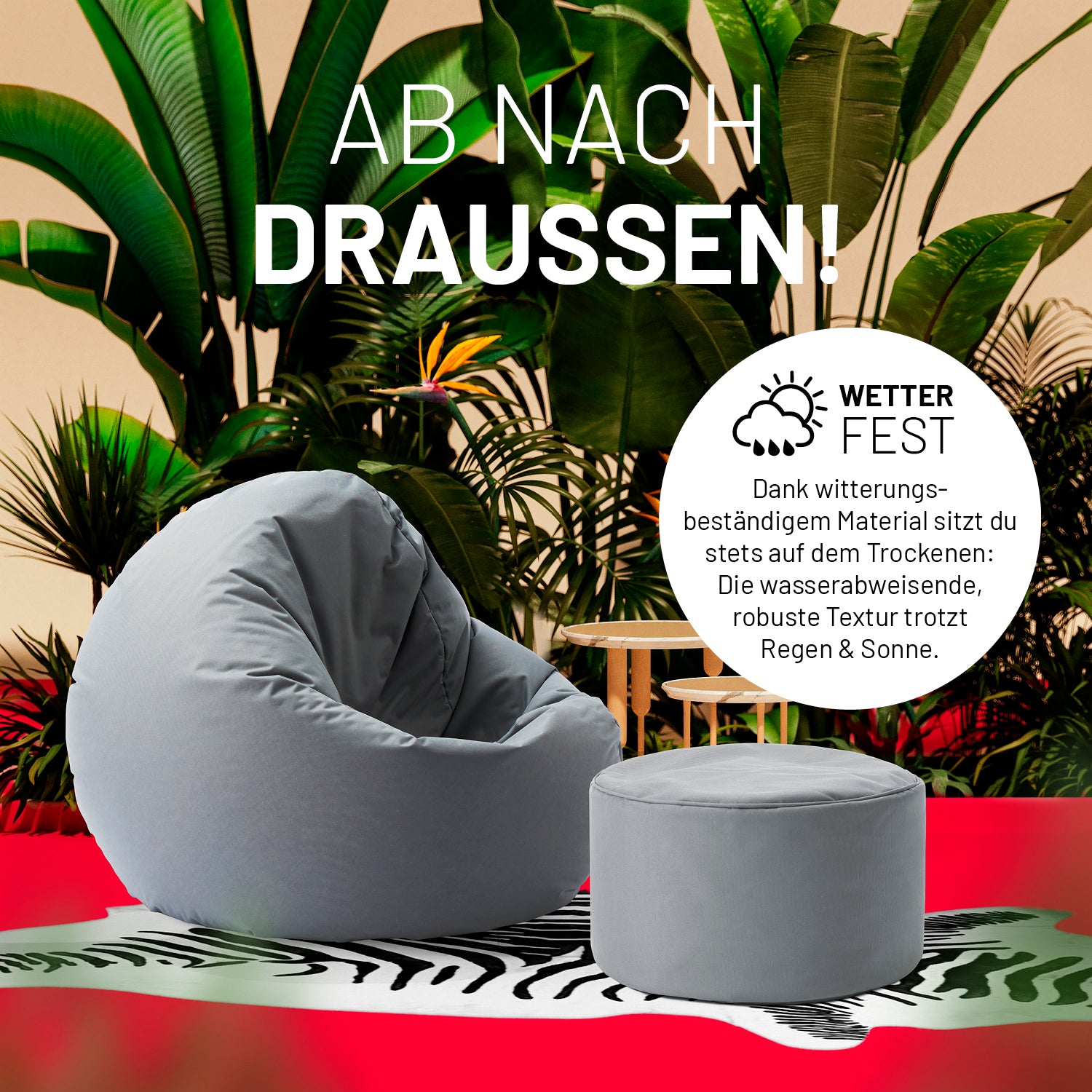 Sitzsack-Hocker/Pouf (50 L) Grau, wetterfest, vielseitig als Sitzhocker, Ablage und Fußschemel für Indoor & Outdoor.