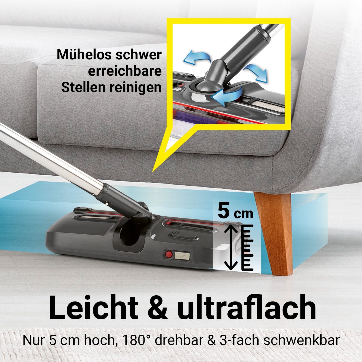 Akkubesen mit LED-Beleuchtung, ultraflach 5 cm, 180° drehbar, flexibel zum Reinigen unter Möbeln und schwer erreichbaren Stellen.
