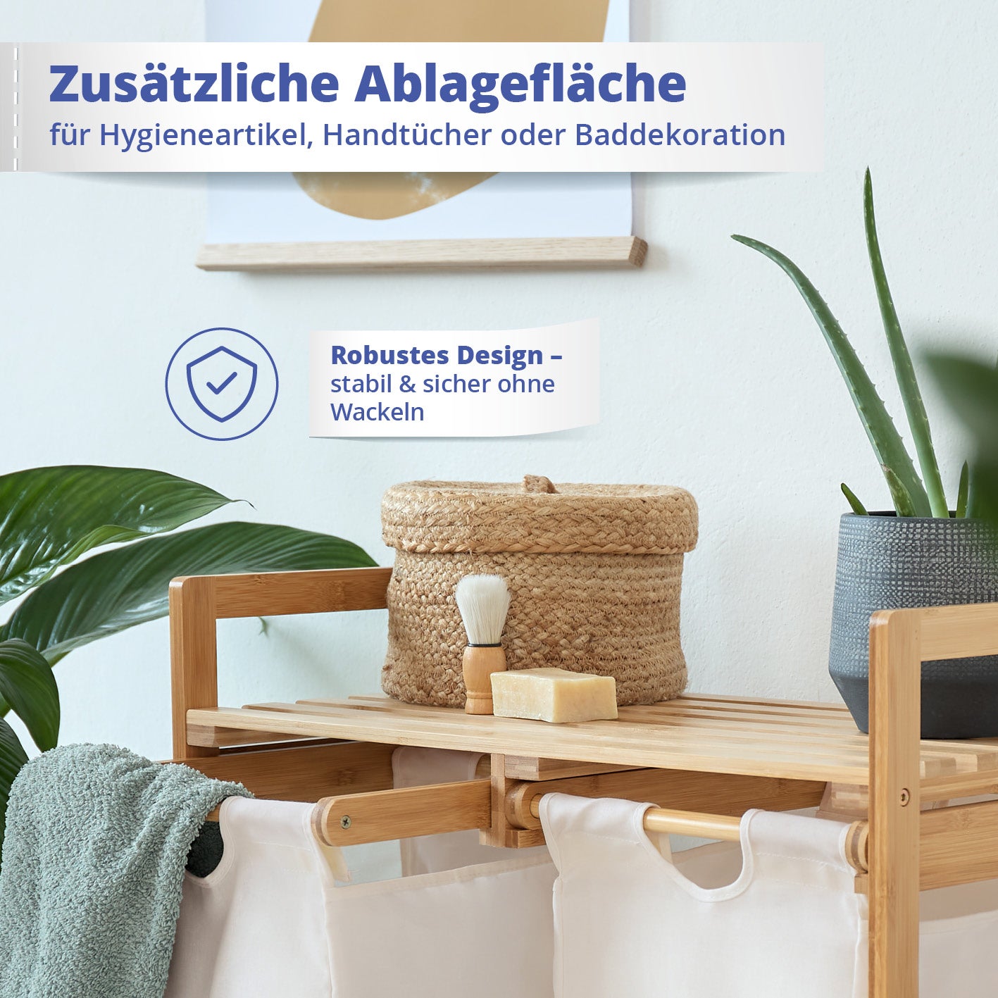 Bambus Wäschekorb mit 2 ausziehbaren Wäschesäcken - 73 x 64 x 33 cm - Weiß mit zusätzlicher Ablagefläche für Bad- und Hygieneartikel.