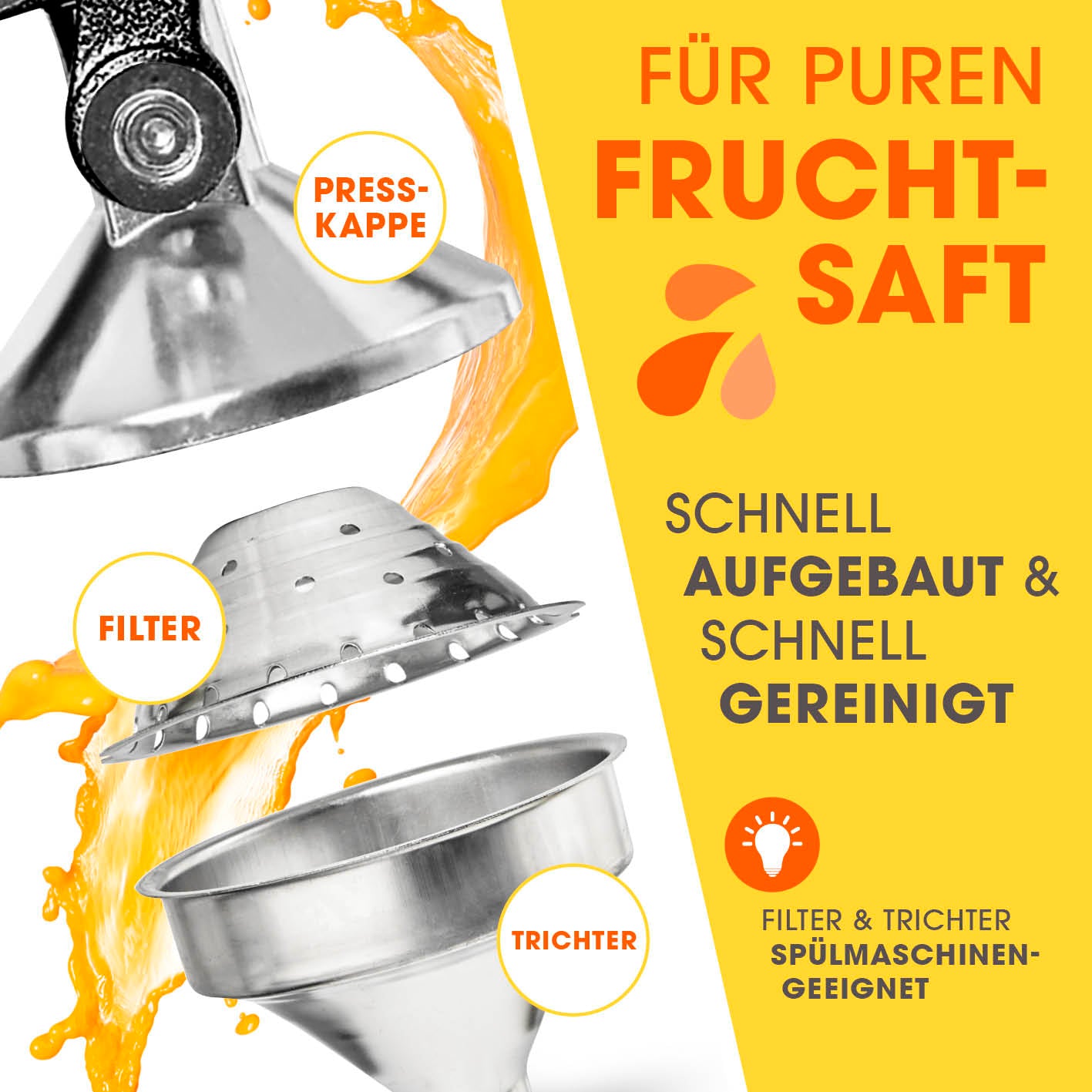 Set Saftpresse & Orangenspender - Schwarz/Silber mit Presskappe, Filter und Trichter für schnellen, sauberen Fruchtsaft.