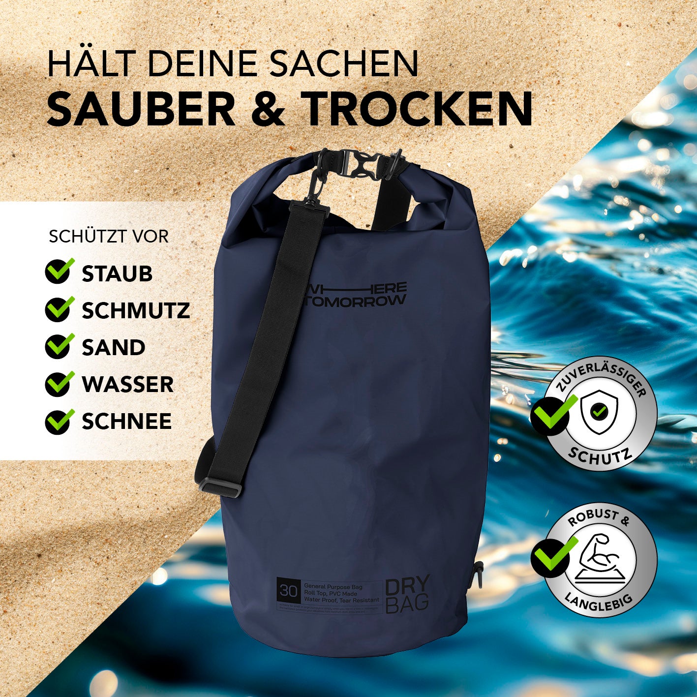 Dry Bag 30L - Style 01 - Dunkelblau wasserdichter, robuster Rucksack mit Rolltop-Verschluss für Outdoor-Abenteuer und Schutz vor Staub, Wasser und Sand.