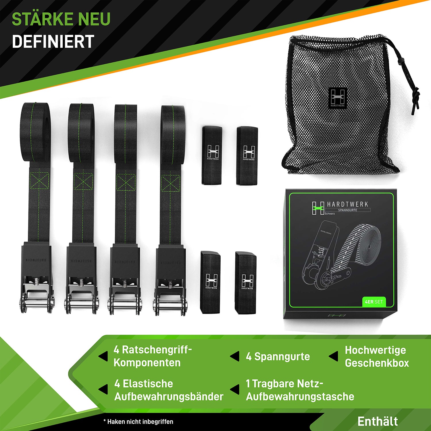 Spanngurte mit Ratschen - 4er-Set - Schwarz mit Ratschen, elastischen Bändern und Tragetasche für zuverlässigen Transport und sichere Ladung.