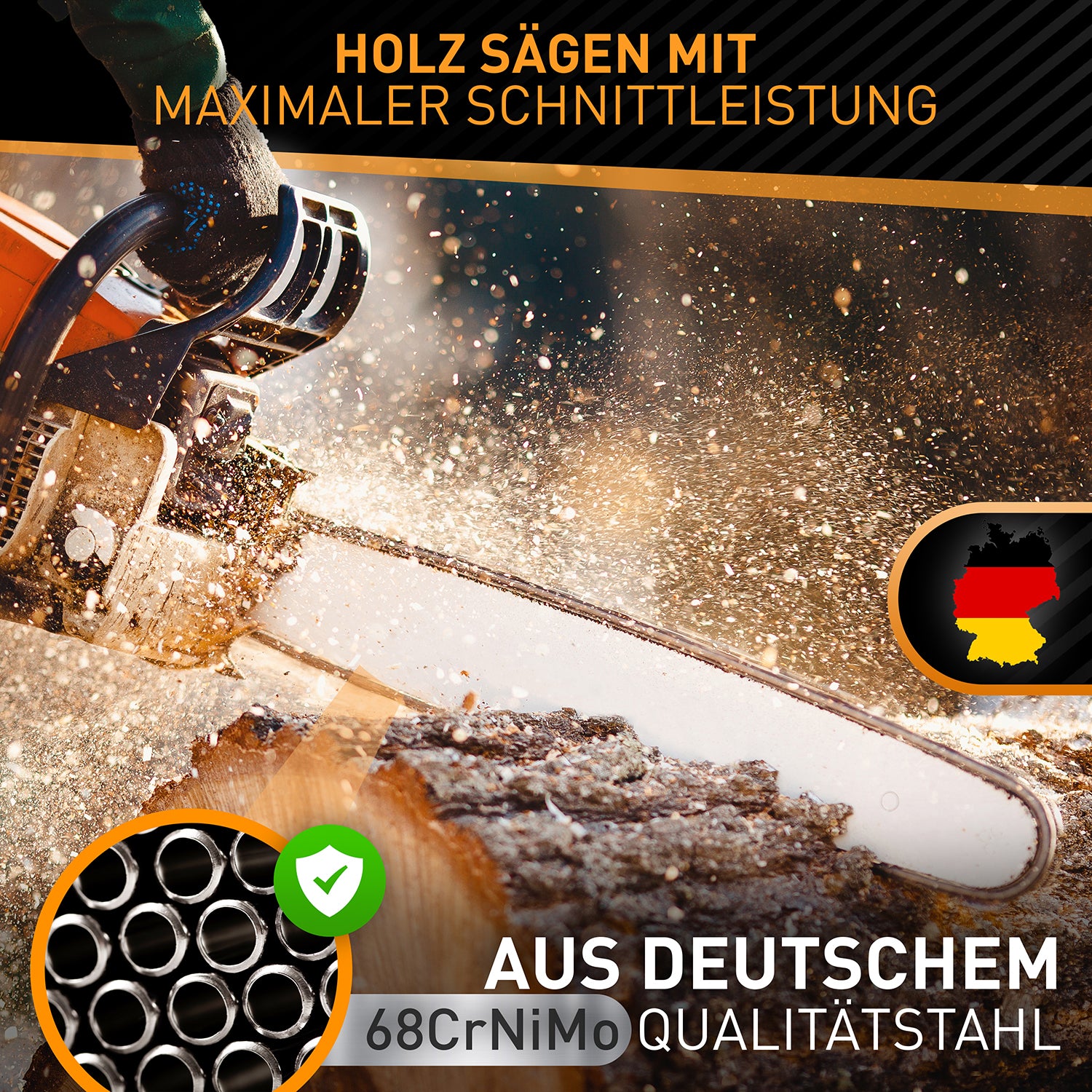Sägeketten 3/8" 1,1mm für 35cm Schwert - 3er Pack aus deutschem Stahl für maximale Schnittleistung und Rückschlagschutz beim Holzsägen.