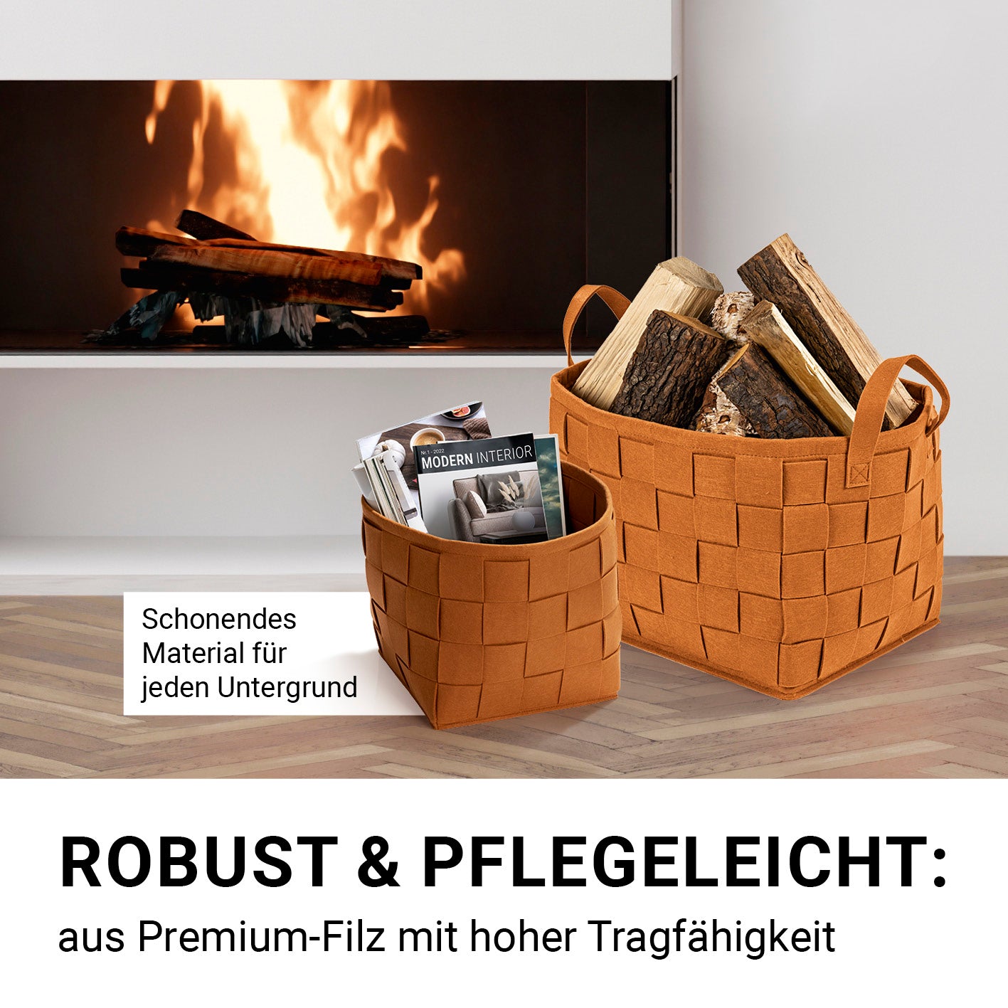 Filz-Aufbewahrungskorb M - 32 x 32 x 32 cm - Rost, faltbar, robust, kratzfrei für Laminat und Parkett, vielseitig im Haushalt einsetzbar.