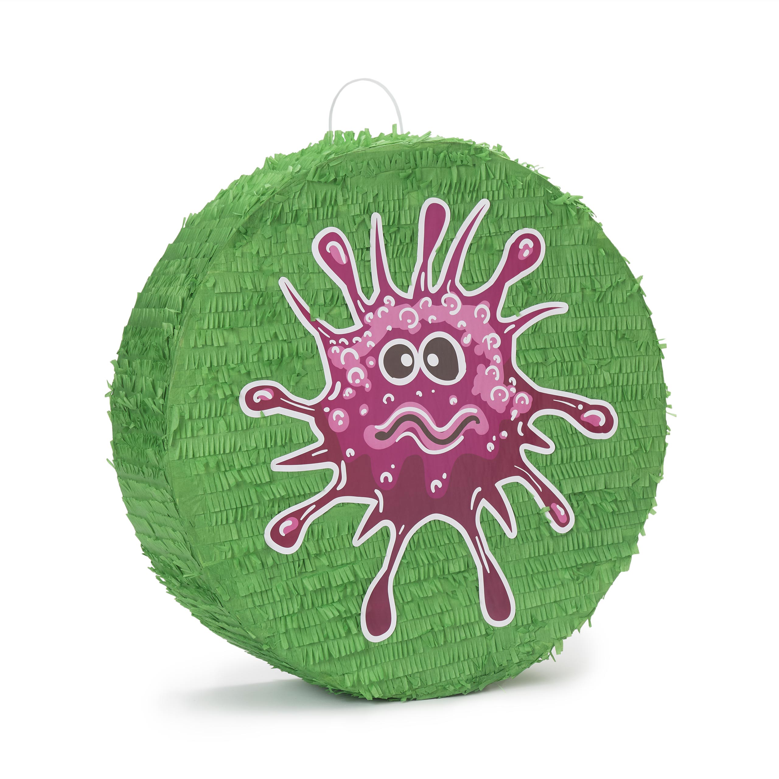 Pinata Set zum Befüllen inkl. Schläger & Augenbinde "Beat The Virus" mit grünem Virus-Design für Kindergeburtstagspartys.