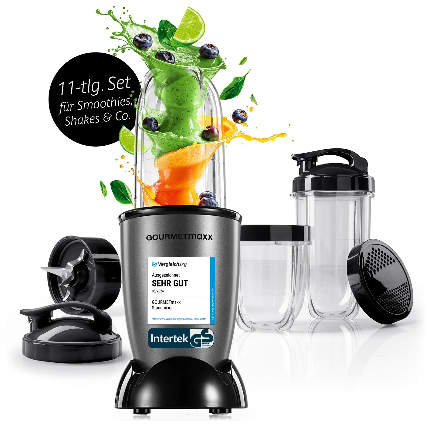 Mr. Magic Power 400 Pro mit Zubehörset L - Anthrazit/Schwarz kompakter Standmixer mit vielseitigen Mixbechern für Smoothies und Shakes