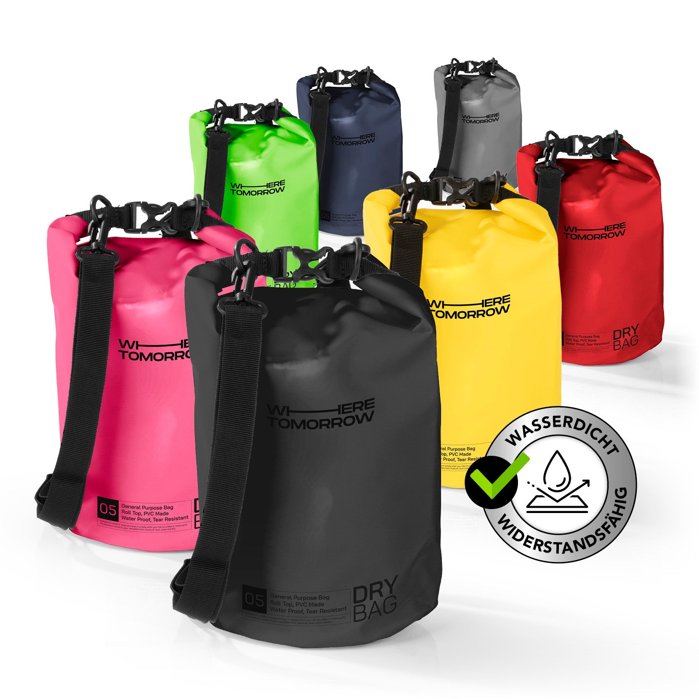 Dry Bag 5L - Style 01 - Schwarz wasserdichter, robuster Outdoor-Rucksack mit verstellbarem Schultergurt und Rolltop-Verschluss.