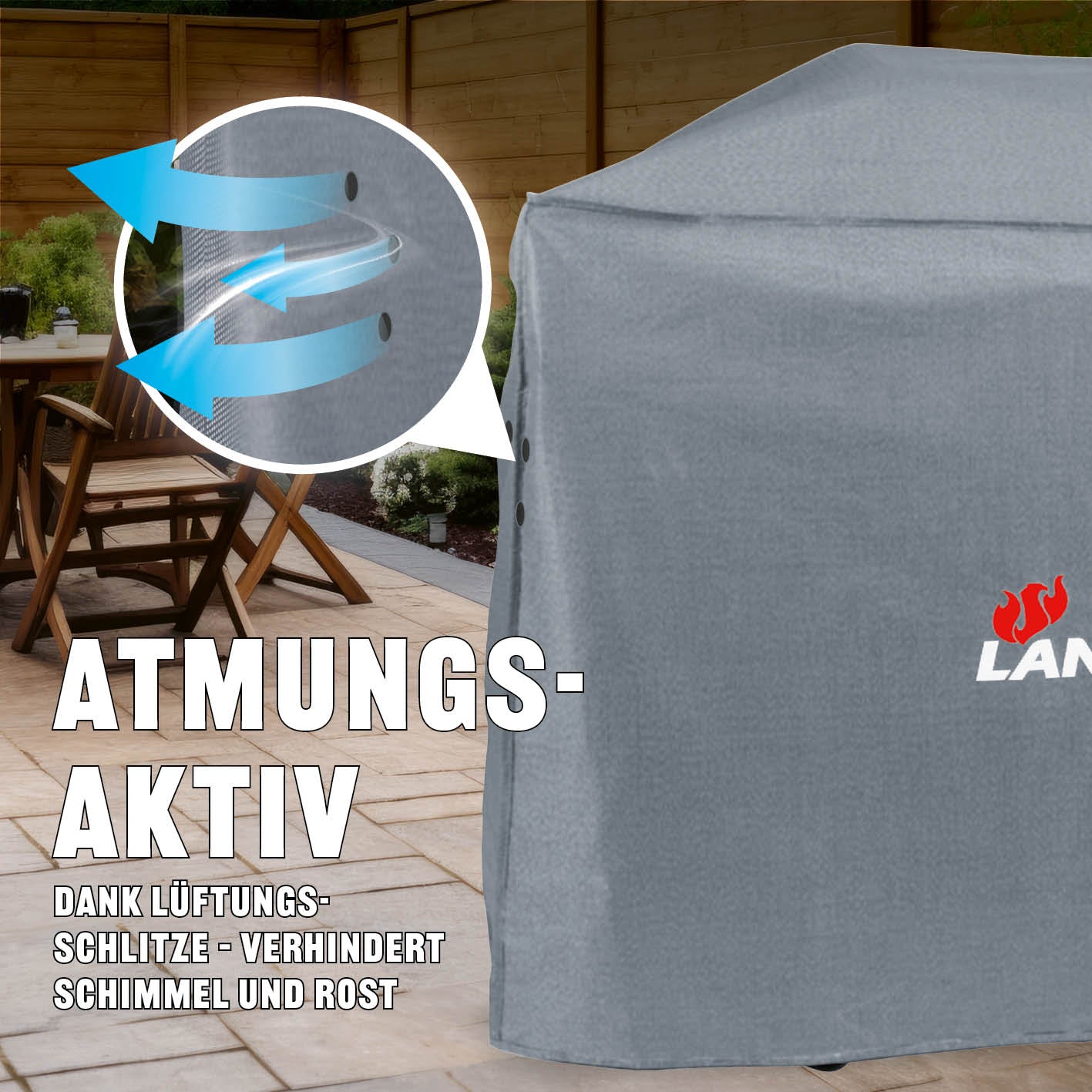 Wetterschutzhaube Premium - 181,5 x 112 x 62,5 cm - Grau mit Belüftungsschlitzen gegen Schimmel und Rostsschutz für Grill.